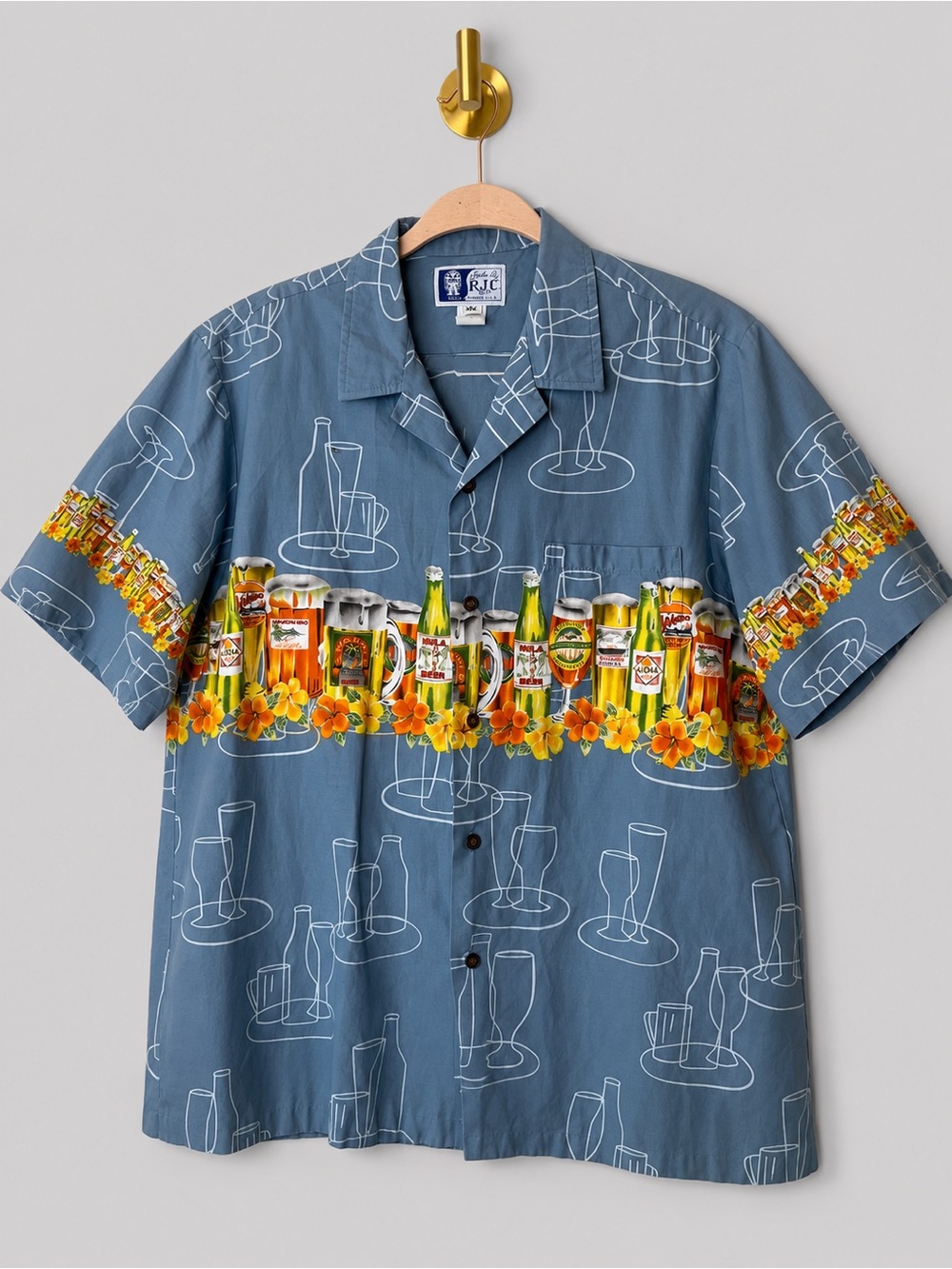 RJC Hawaiian Shirt XL Blue Tropical Beer Print Camp Collar Made in Hawaii